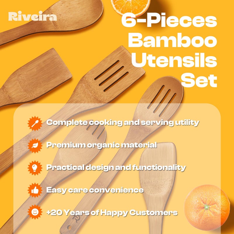 Riveira Dark Bamboo Wooden Spoons for Cooking 6-Piece  Apartment Essentials Wood Spatula Spoon Nonstick Kitchen Utensil Set Premium Quality Housewarming Gifts for Everyday Use - Image 4